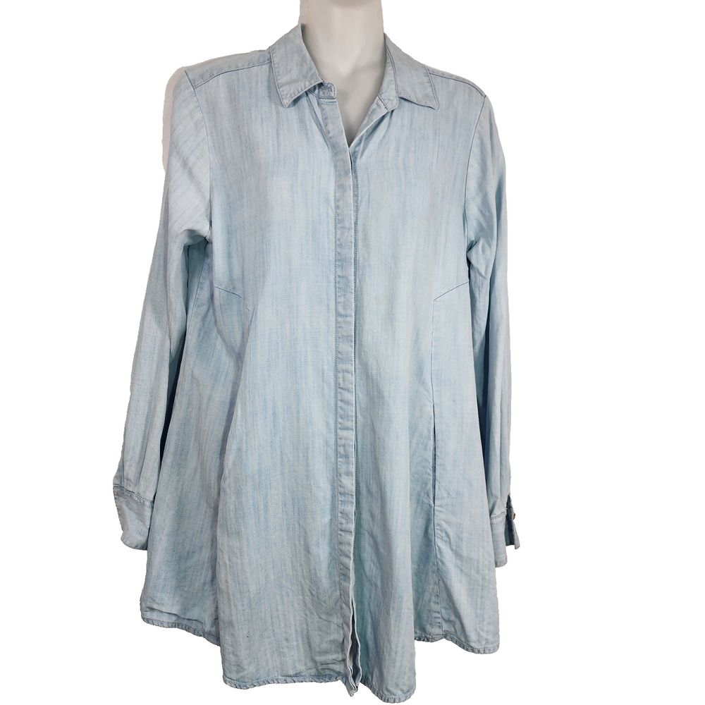 Foxcroft NYC Womens Tunic Shirt Blue Chambray Tencel Button Down Size 6 Pockets